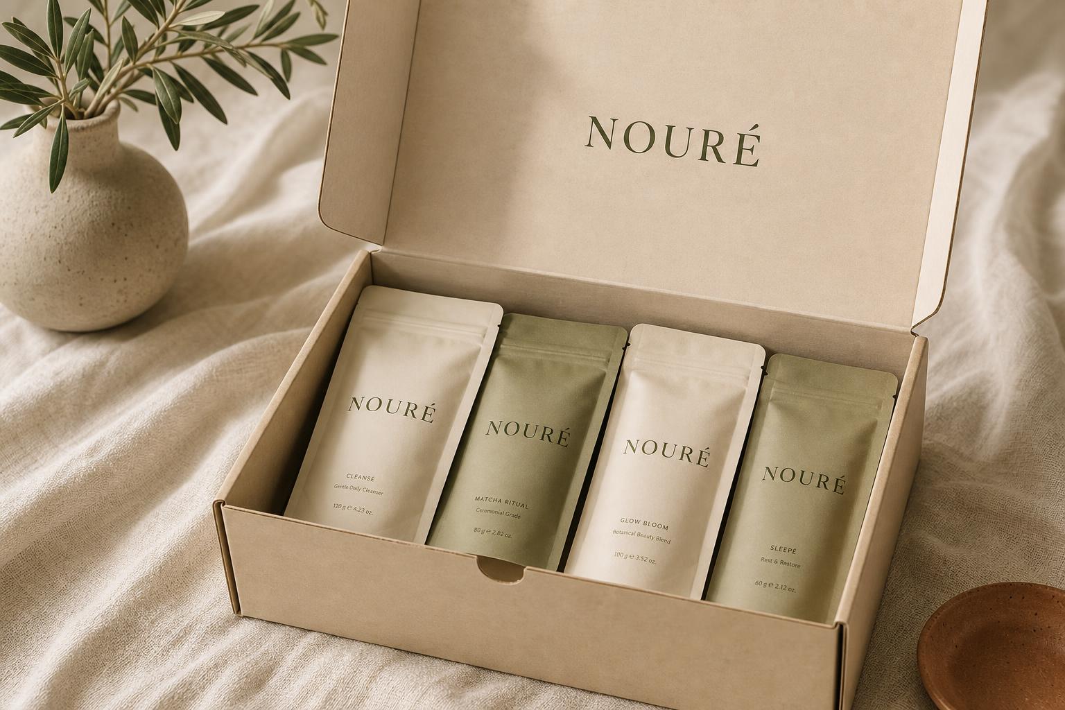 Caja NOURÉ abierta con pouches visibles sobre superficie cálida
