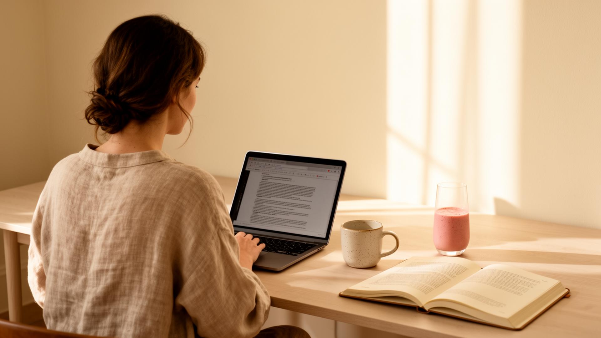 Woman working with NOURÉ smoothie in soft morning light